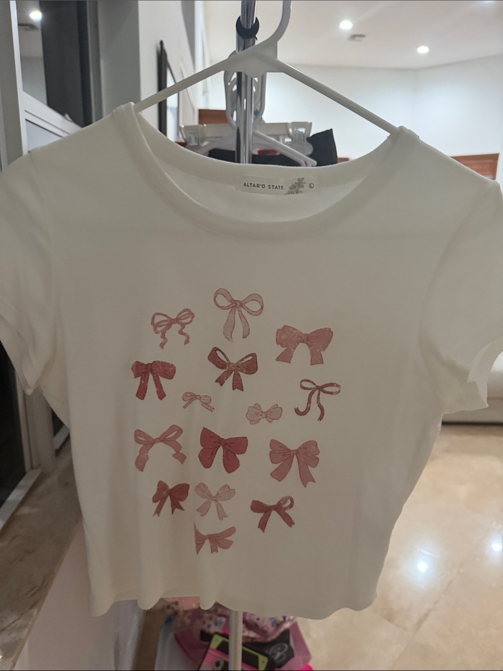 Altar'd State White Kids Short-Sleeve Tee with Pink Bow Motif